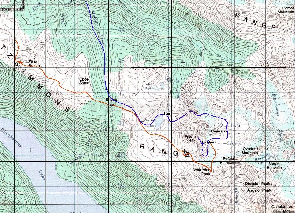 Fissile peak in Whistler BC- skiing Banana Chute, Whistler backcountry map